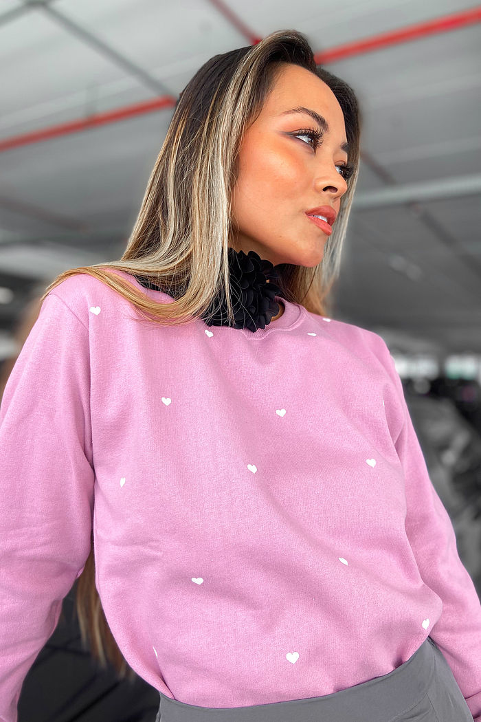 Moletom Gola Careca Corações pequenos poá - Rosa Chá