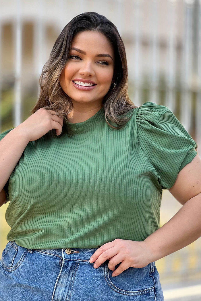 Blusa Bela Manga Princesa Canelada - Verde Militar