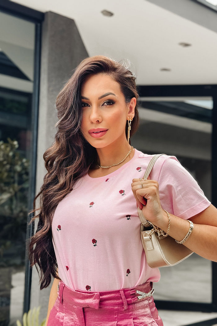 T-Shirt Rosas poá - Rosa bebê