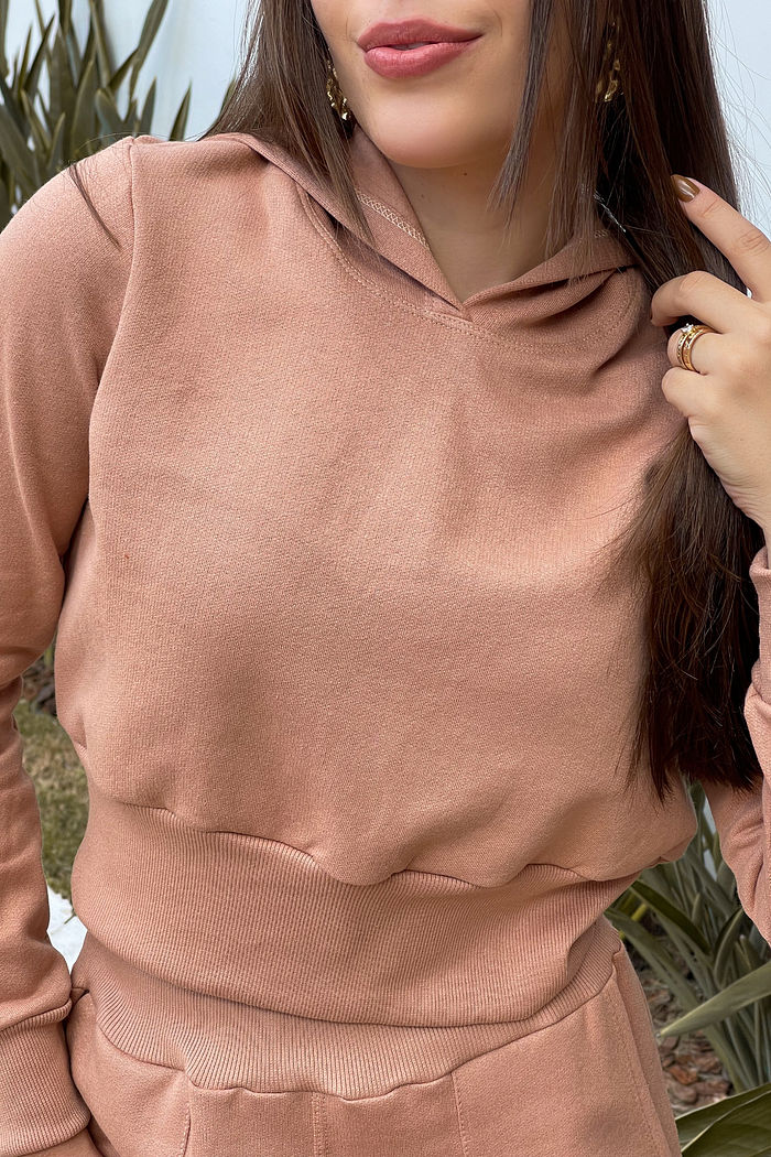 Blusa Cropped moletom com capuz e punho - Amêndoa