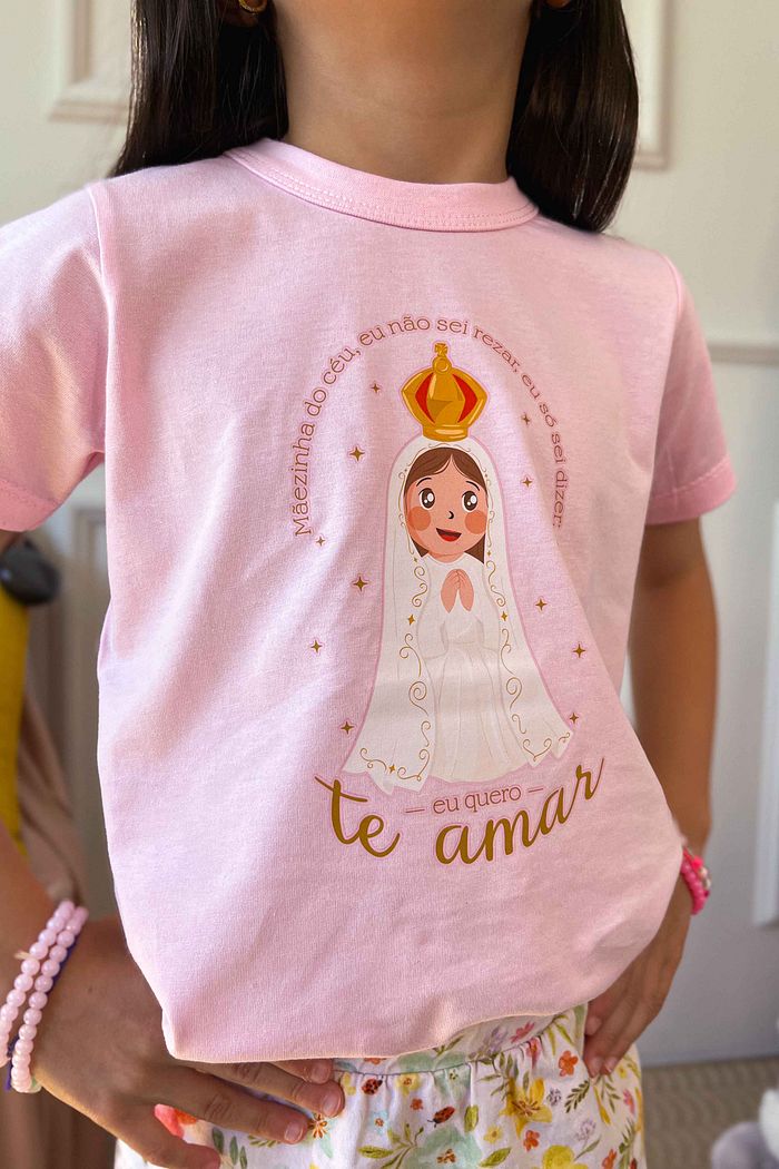 Camiseta Infantil Mãezinha do céu N.S. Fátima DTF - Rosa bebê