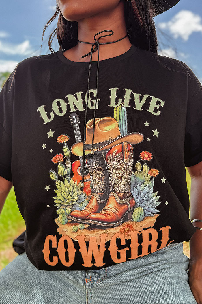 Oversized Feminina Long Live Cowgirl DTF - Preto