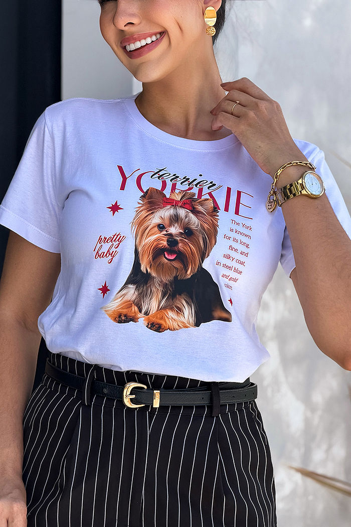 T-Shirt  Terrier Yorkie DTF - Branco