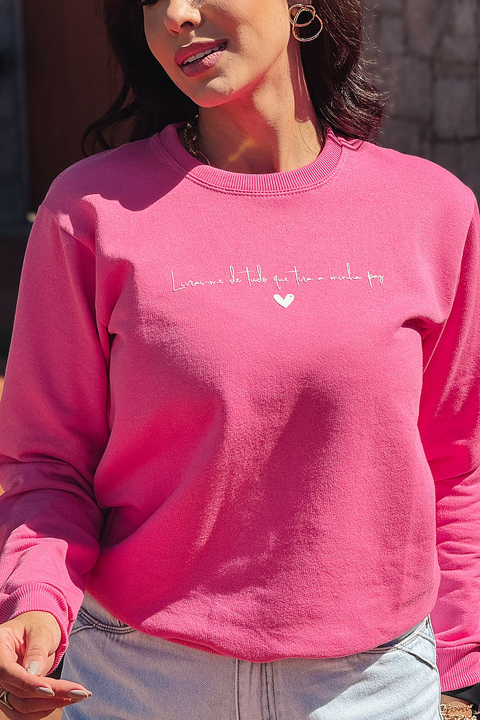Moletom Gola Careca Livrai-me de tudo que tira a minha paz AR - Rosa
