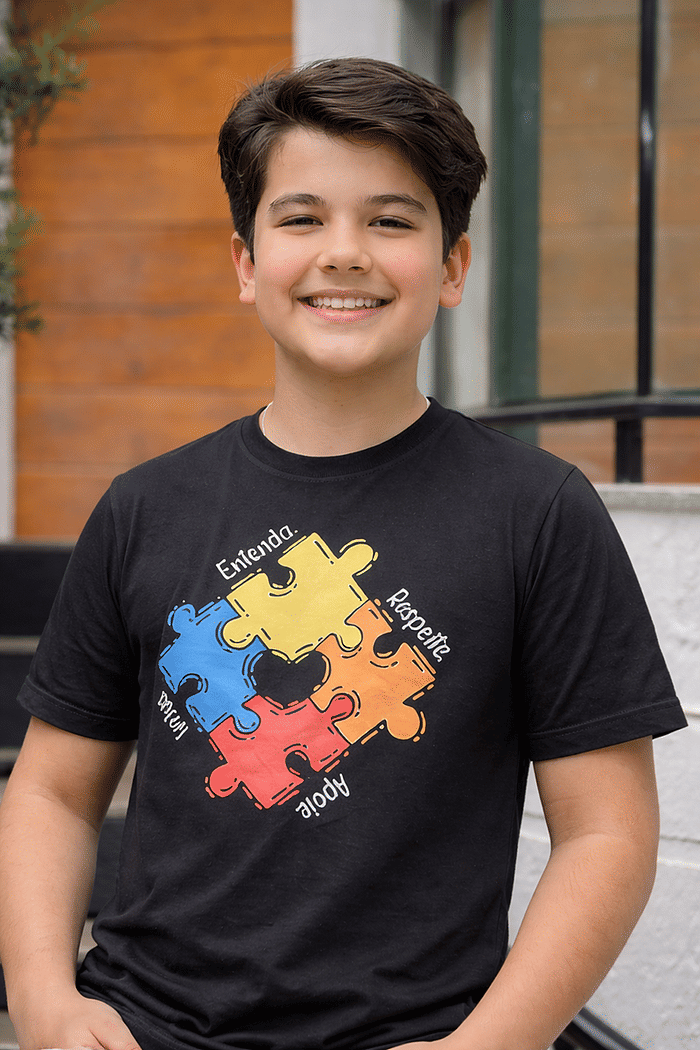 T-Shirt Infantil Entenda, Respeite, inclua e Apoie - Autismo DTF - Preto