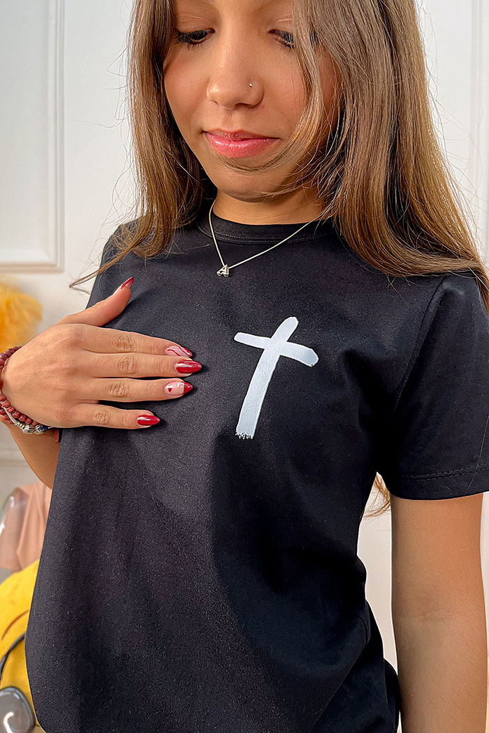 T-Shirt Infantil  Oração Pai Nosso DTF - Preto