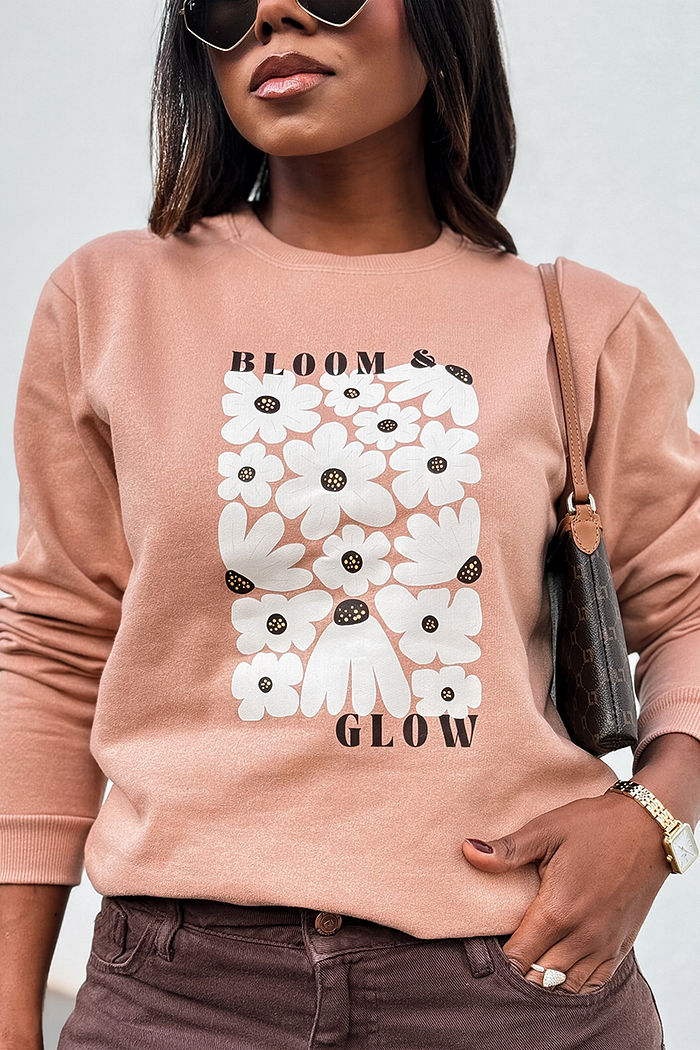 Moletom Gola Careca Bloom e glow flores DTF - Amêndoa