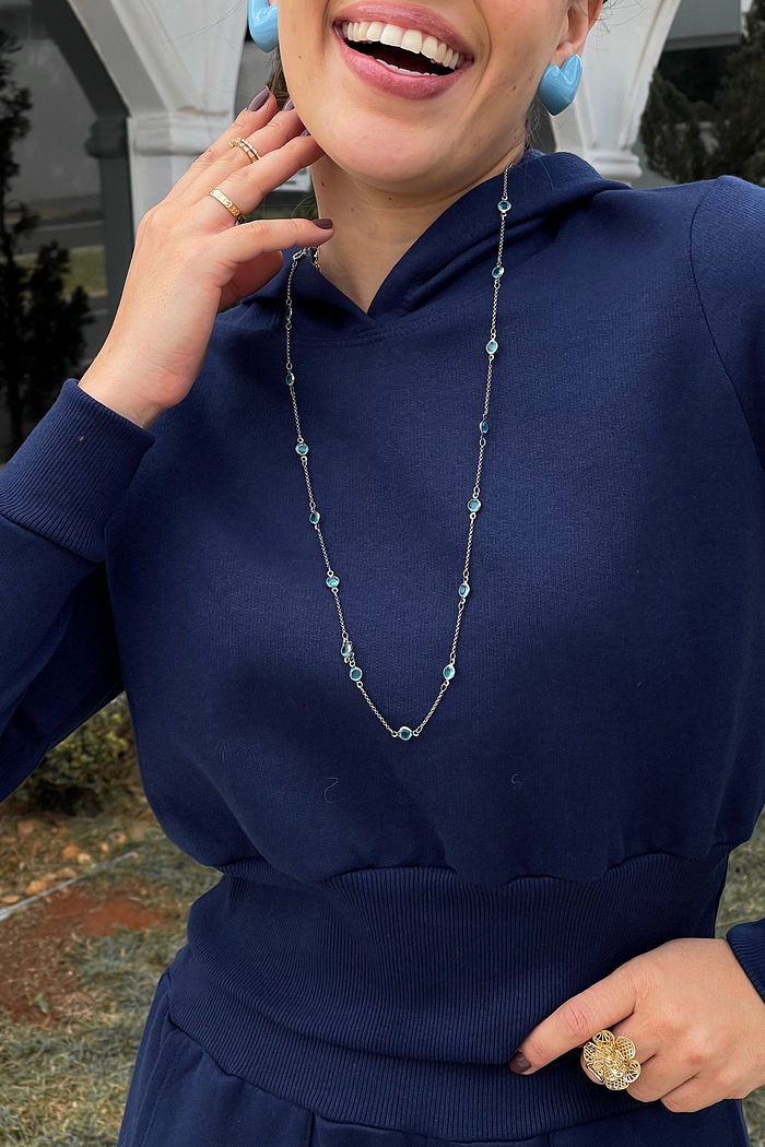 Blusa Cropped moletom com capuz e punho - Petróleo