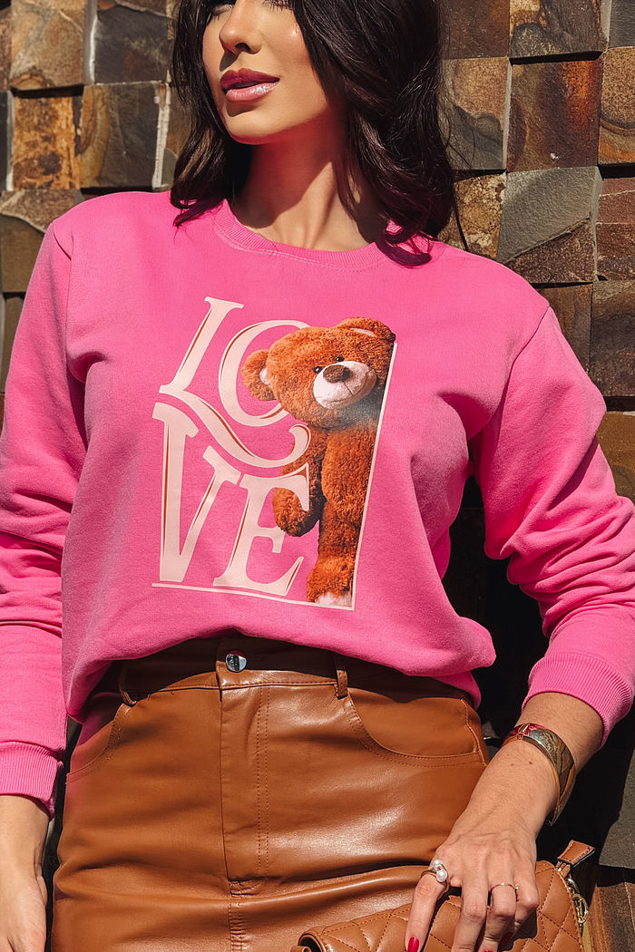 Moletom Gola Careca Love ursinho - DTF – Rosa
