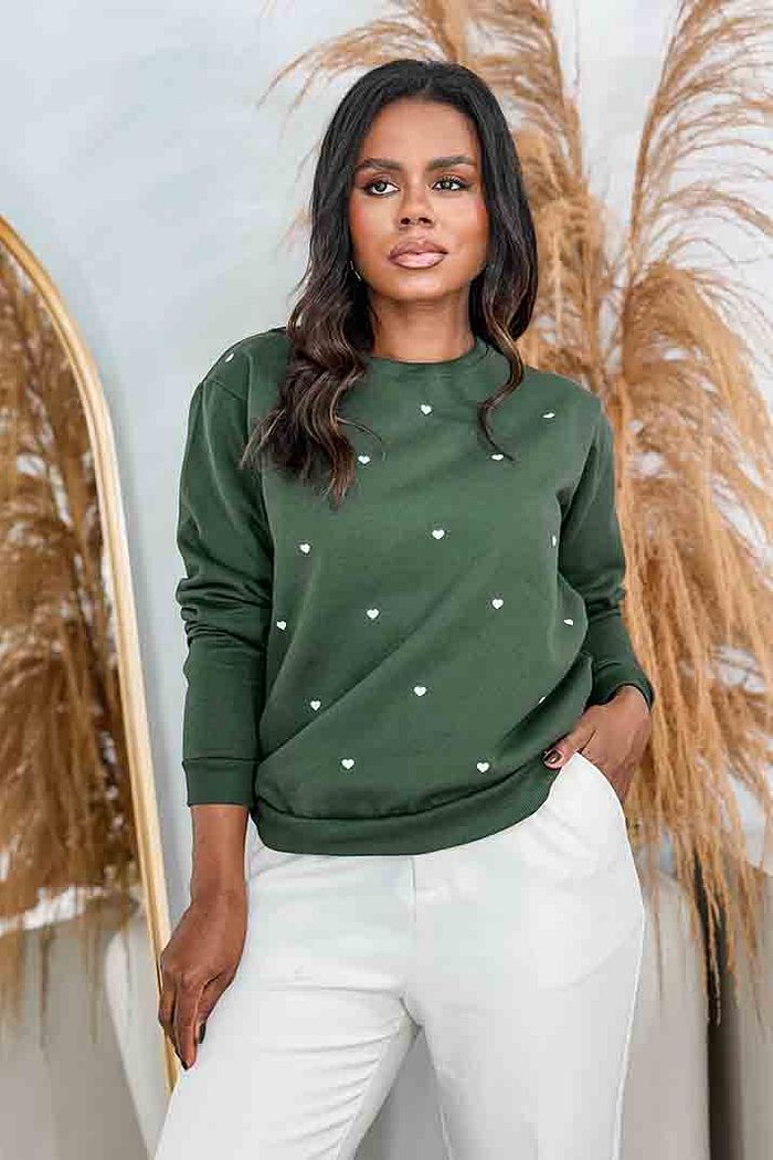 Moletom Gola Careca Corações pequenos poá - Verde Oliva