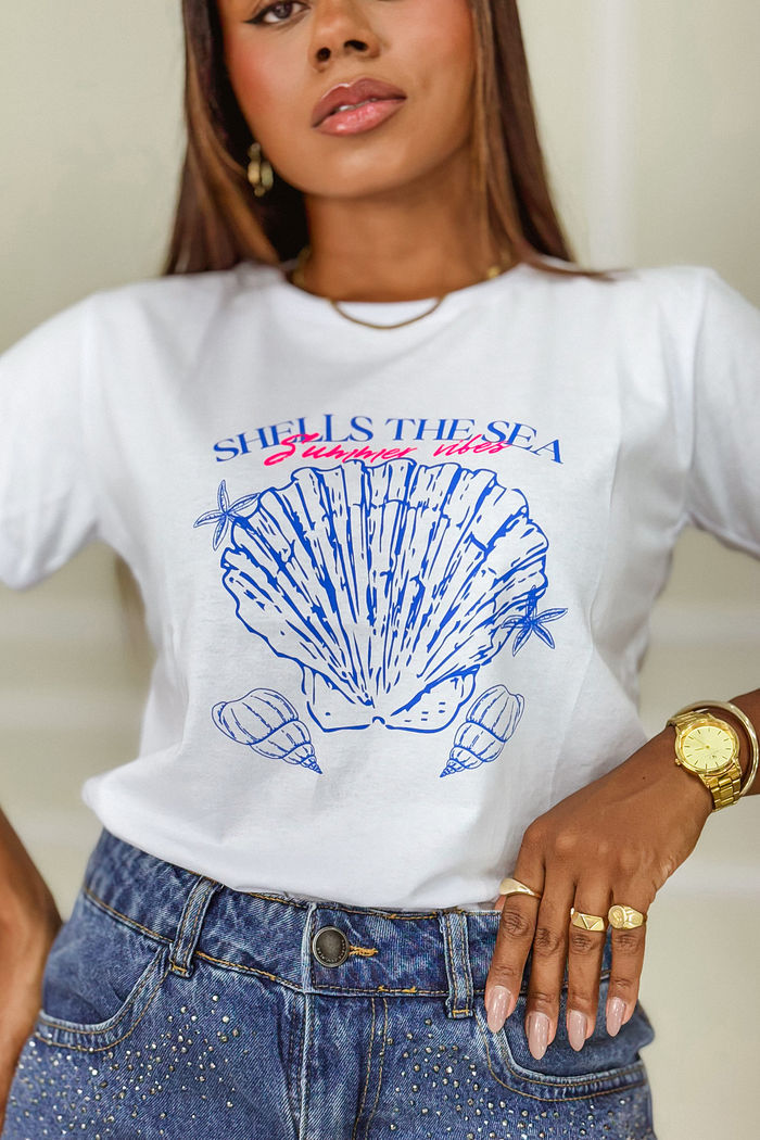 T-Shirt Shells the sea summer vibes DTF - Branco