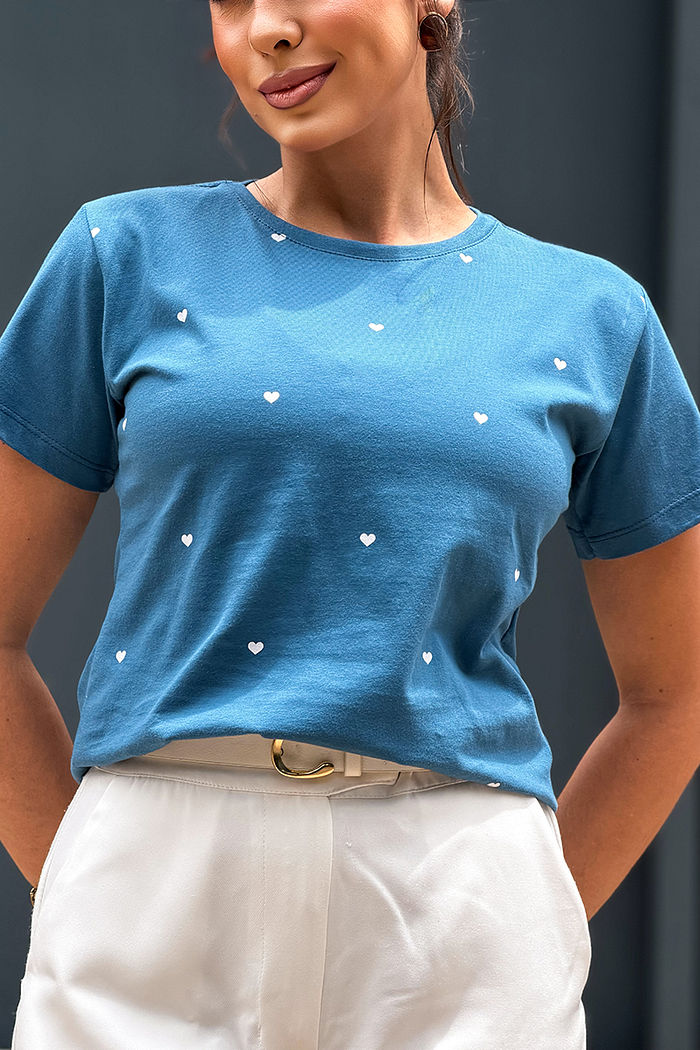 T-Shirt Corações pequenos poá - Blue