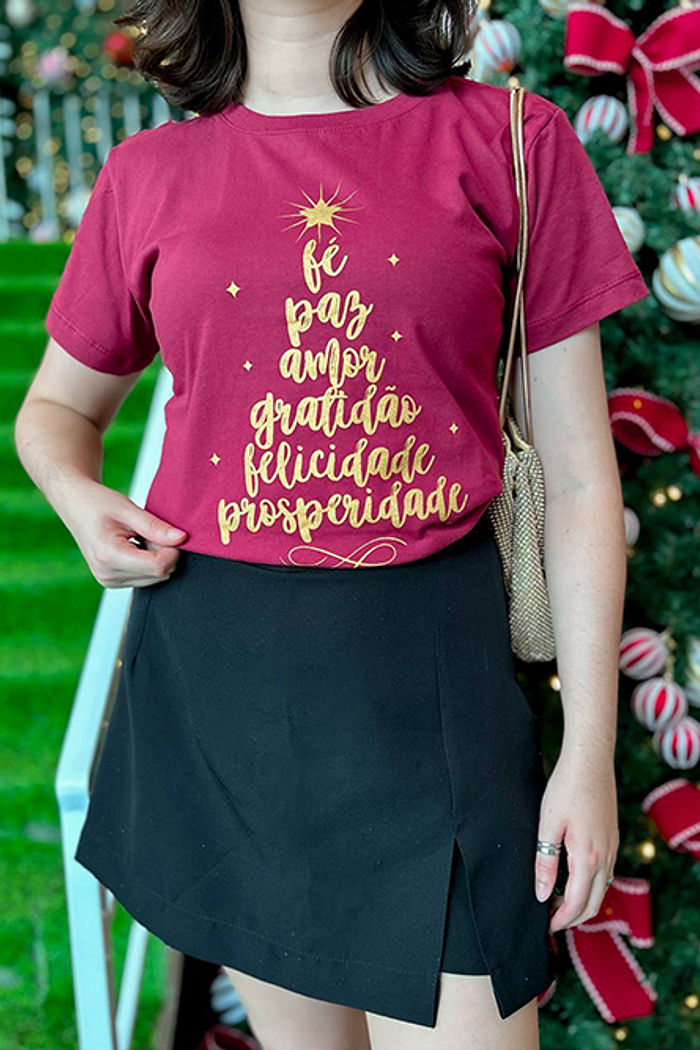 T-Shirt Fé, Paz, Amor - Bordô Suave