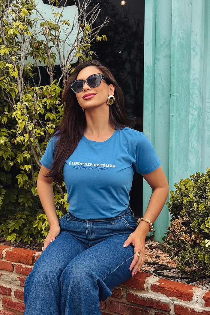 T-Shirt É Lindo ser Católica e filha de Maria DTF - Azul Médio