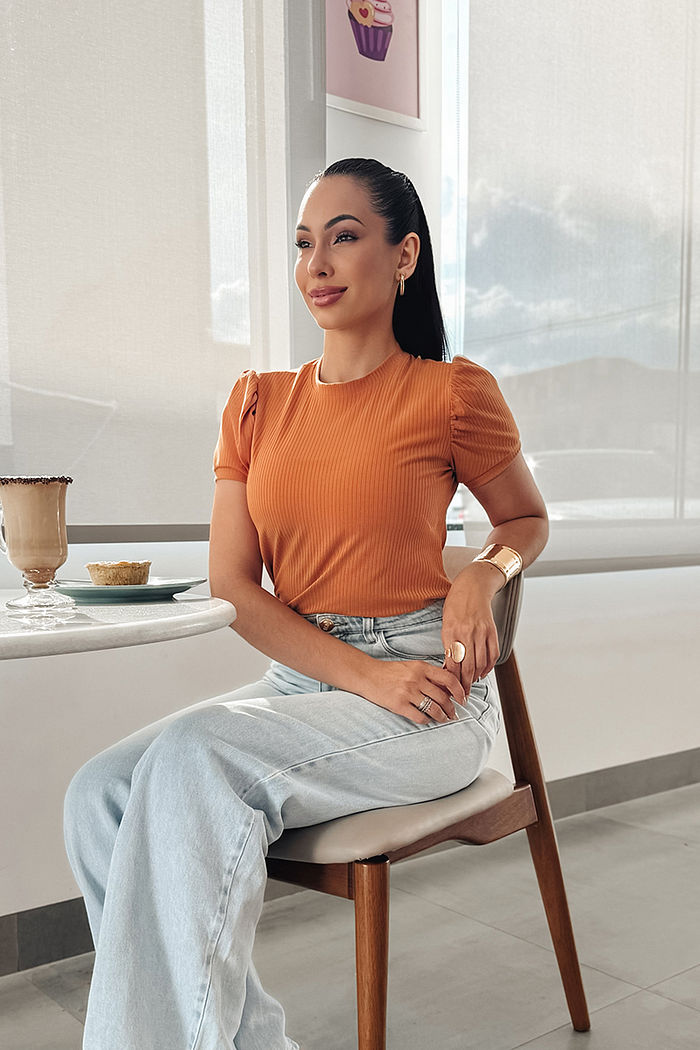 Blusa Bela Manga Princesa Canelada - Caramelo