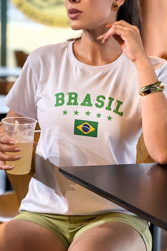 T-Shirt Brasil - Estrelas Bandeira DTF - Branco