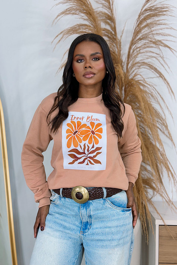 Moletom Gola Careca Inner Bloom DTF - Amêndoa