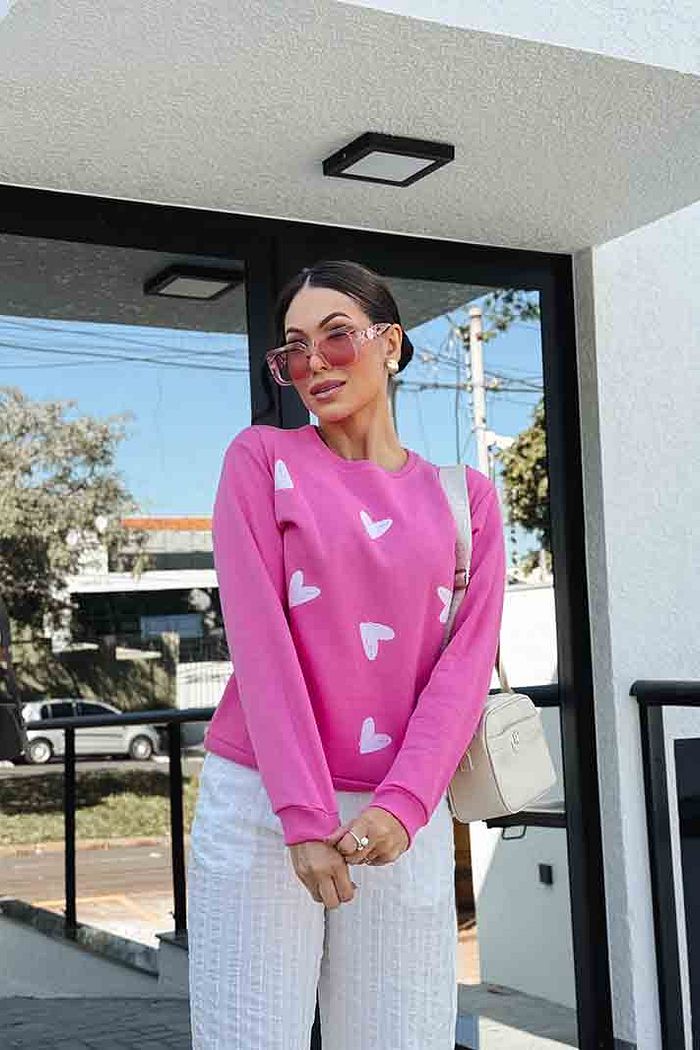 Moletom Gola Careca Corações preenchidos poá DTF - Rosa