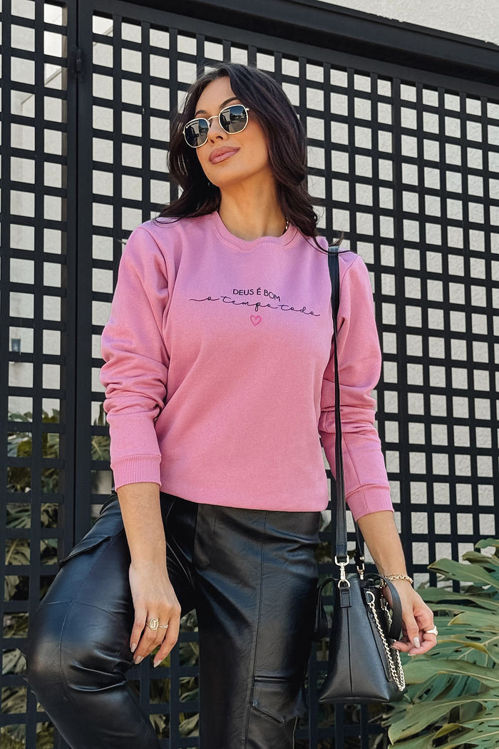 Moletom Gola Careca Deus é bom o tempo todo AR - Rosa Chá