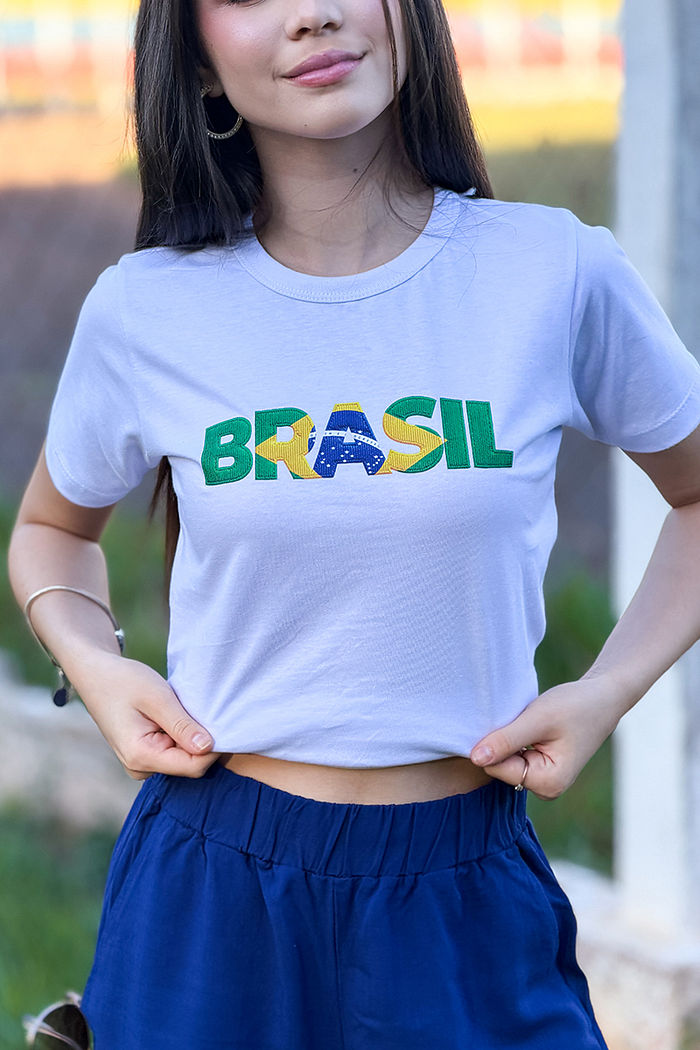 T-Shirt Infantil Brasil efeito bordado DTF - Branco