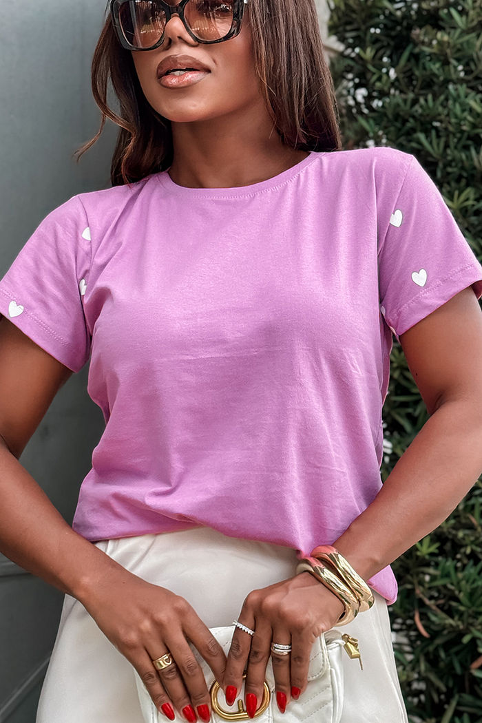 T-Shirt Corações Desenhados poá na manga - Violeta Claro