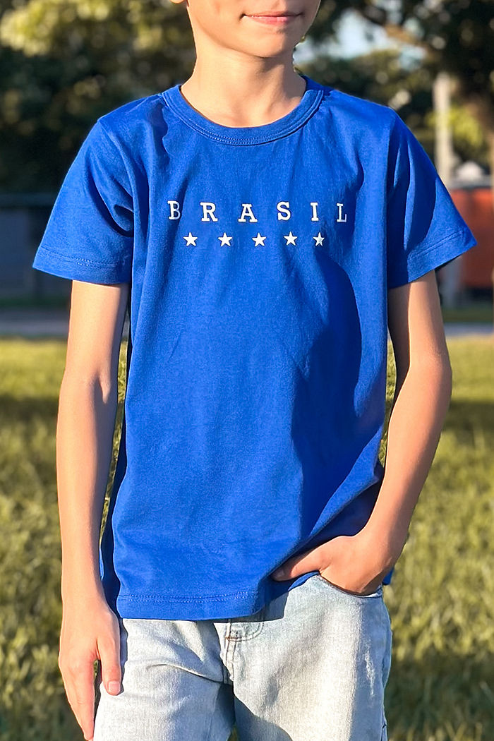 T-Shirt Infantil Brasil 5 Estrelas DTF - Azul Especial