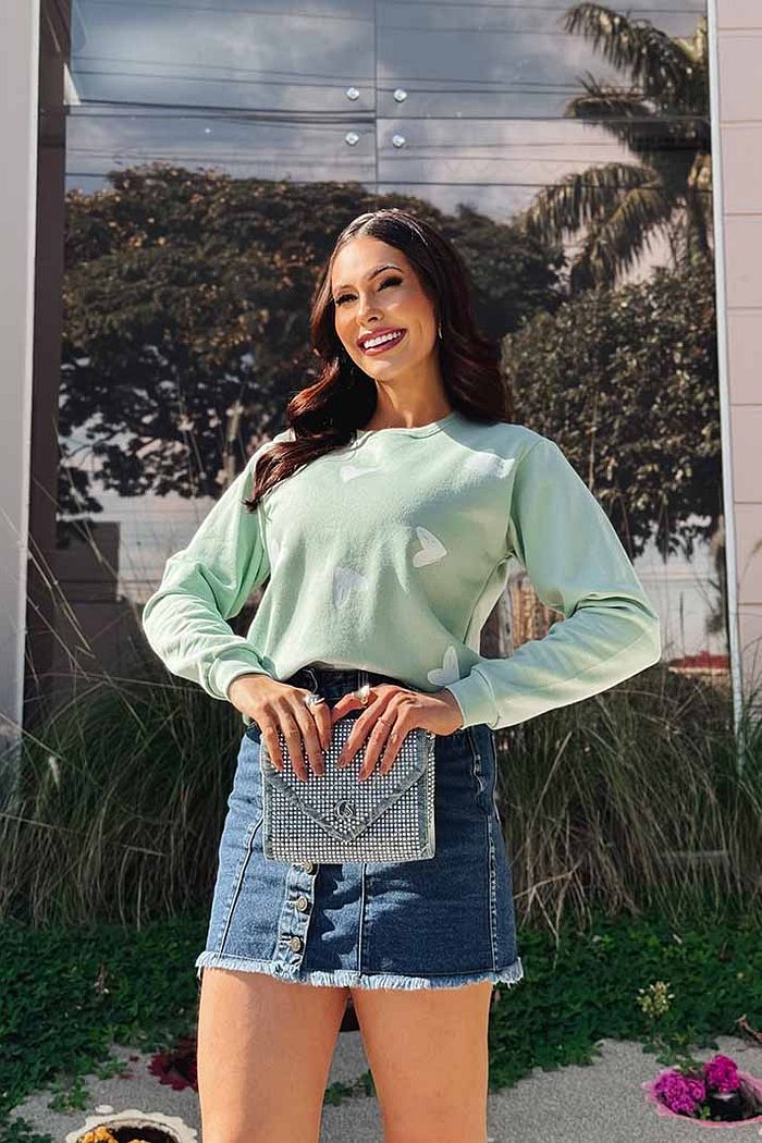 Moletom Gola Careca Corações preenchidos poá DTF - Verde chá