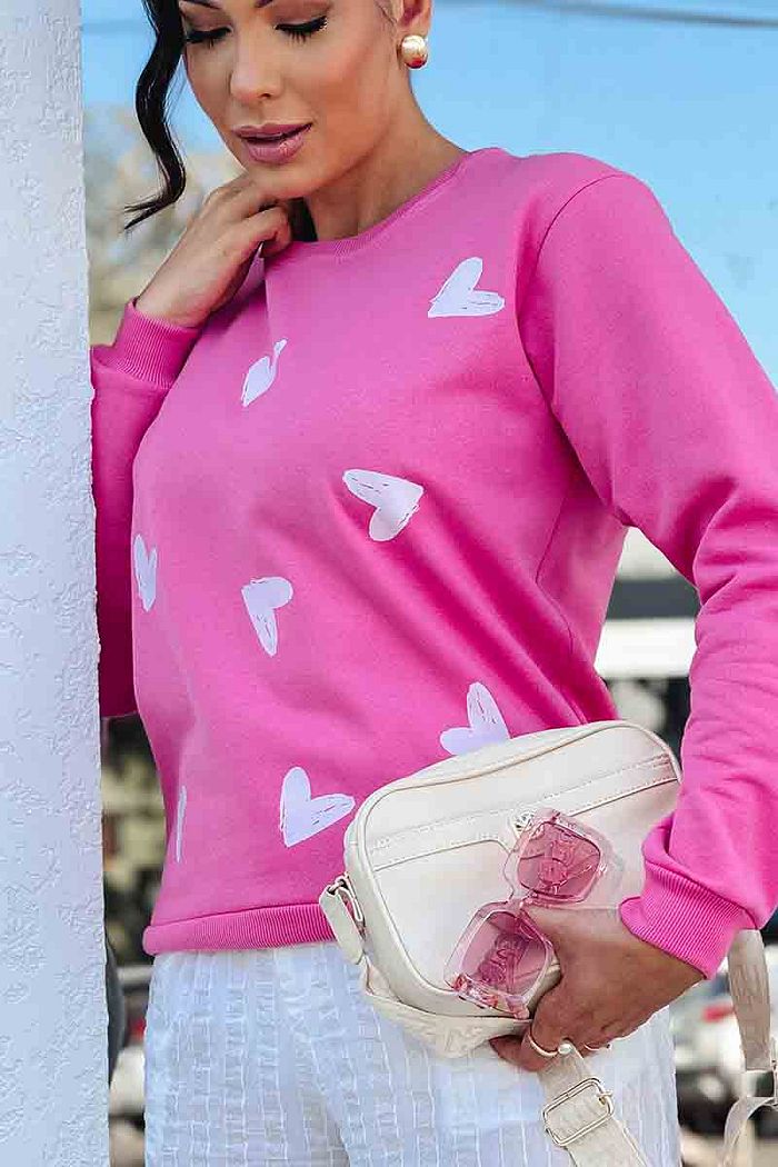 Moletom Gola Careca Corações preenchidos poá DTF - Rosa