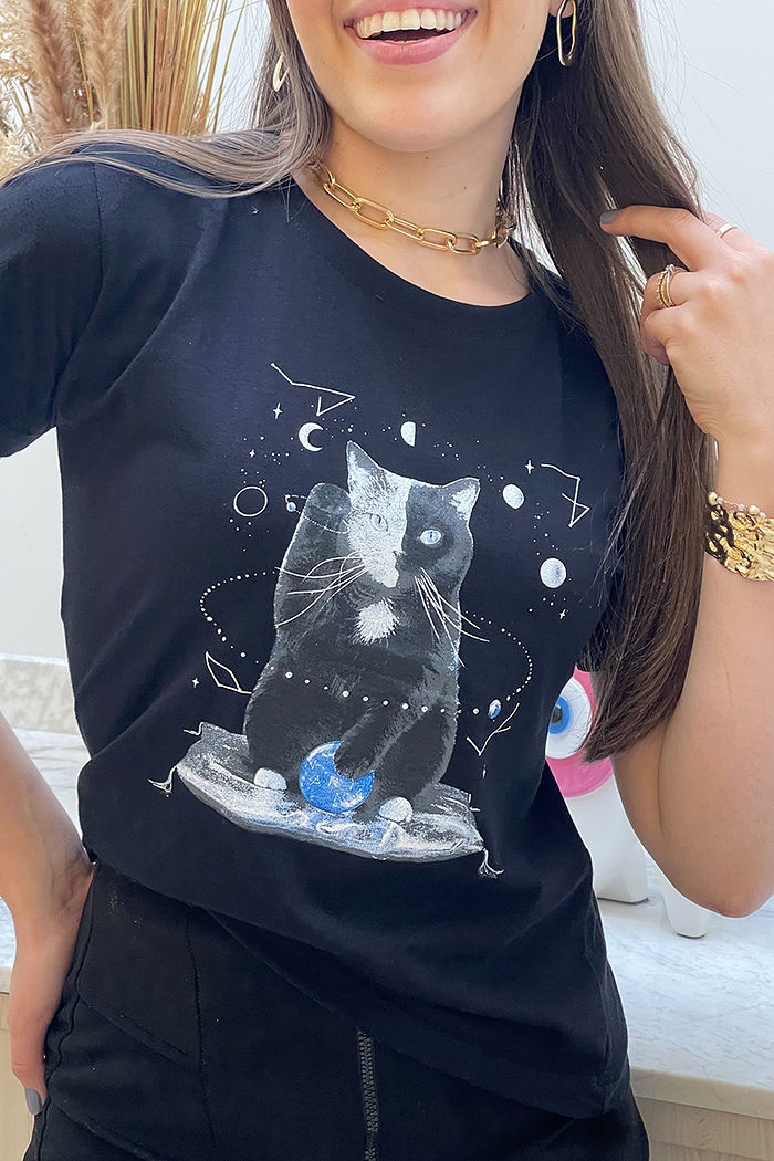 T-Shirt Gato Místico - Preto