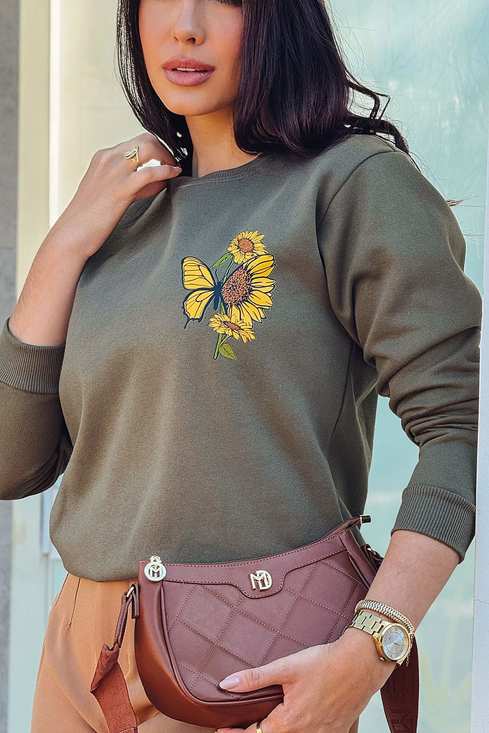 Moletom Gola Careca Borboleta e Girassóis Peito DTF - Verde Musgo