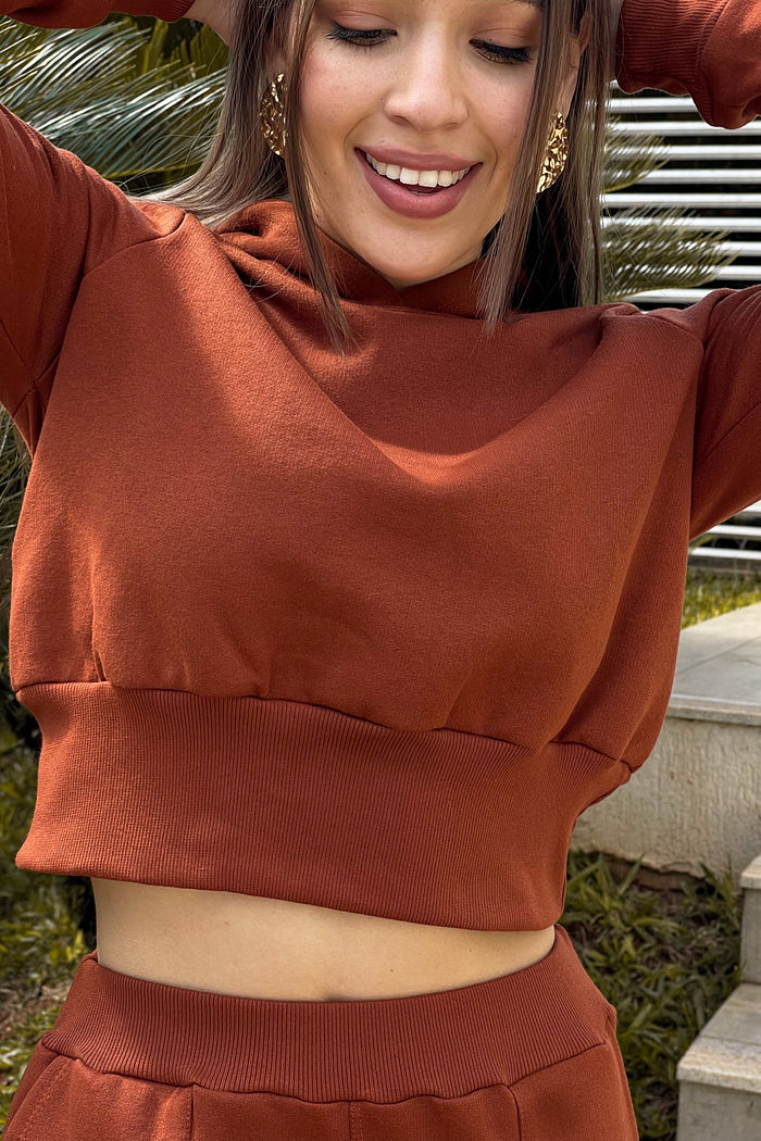 Blusa Cropped moletom com capuz e punho - Ferrugem