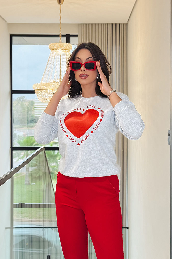 Moletom Gola Careca Coração amour love DTF - Mescla Branco