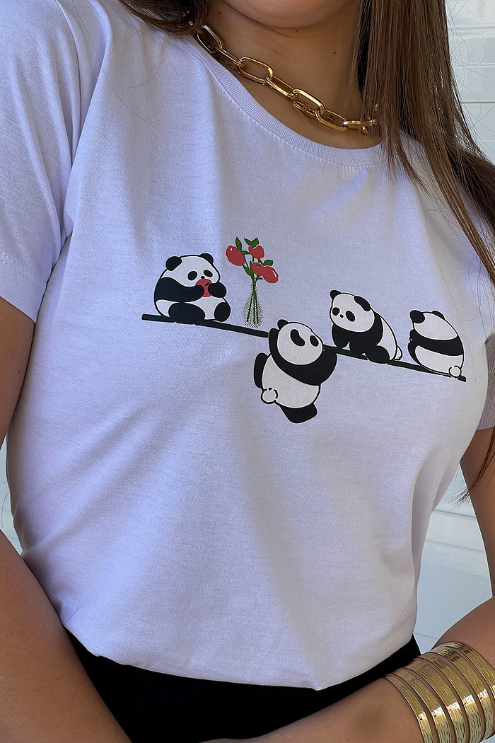 T-Shirt Panda Flor - Branco