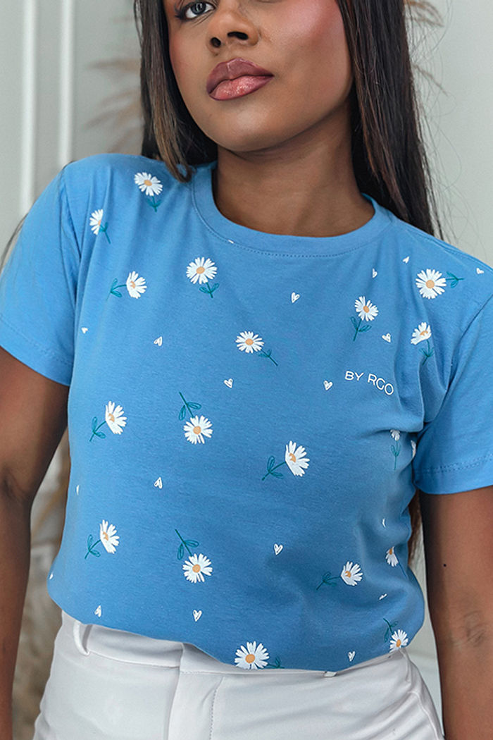 T-Shirt Margaridas Poá - Azul Médio