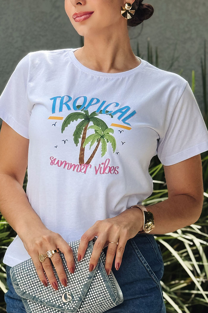 T-Shirt Tropical Summer vibes DTF - Branco