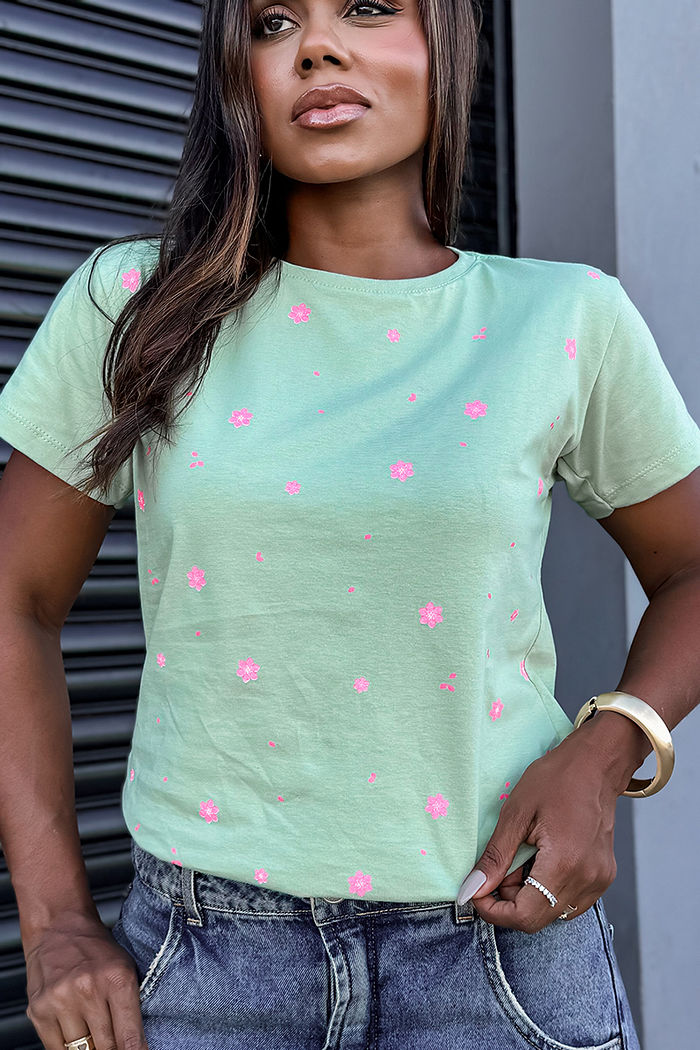 T-Shirt Flor de cerejeira poá - Verde chá