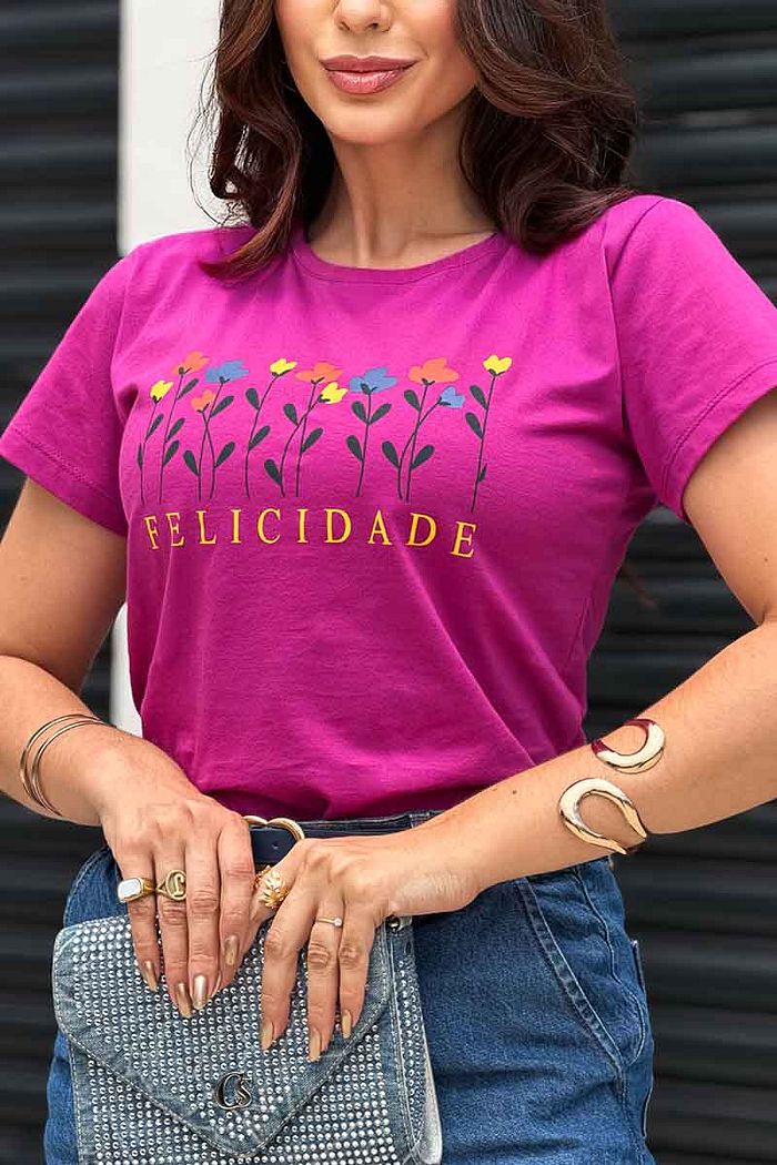 T-Shirt Felicidade Flores - Fúcsia