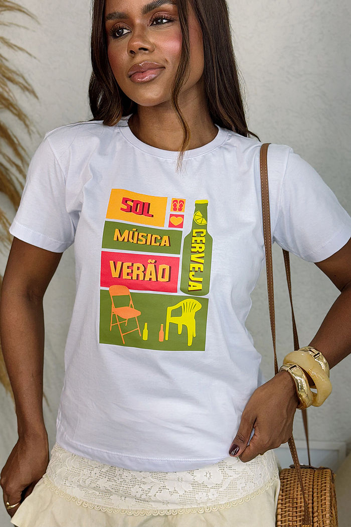 T-Shirt Sol, Musica, verão e cerveja DTF - Branco