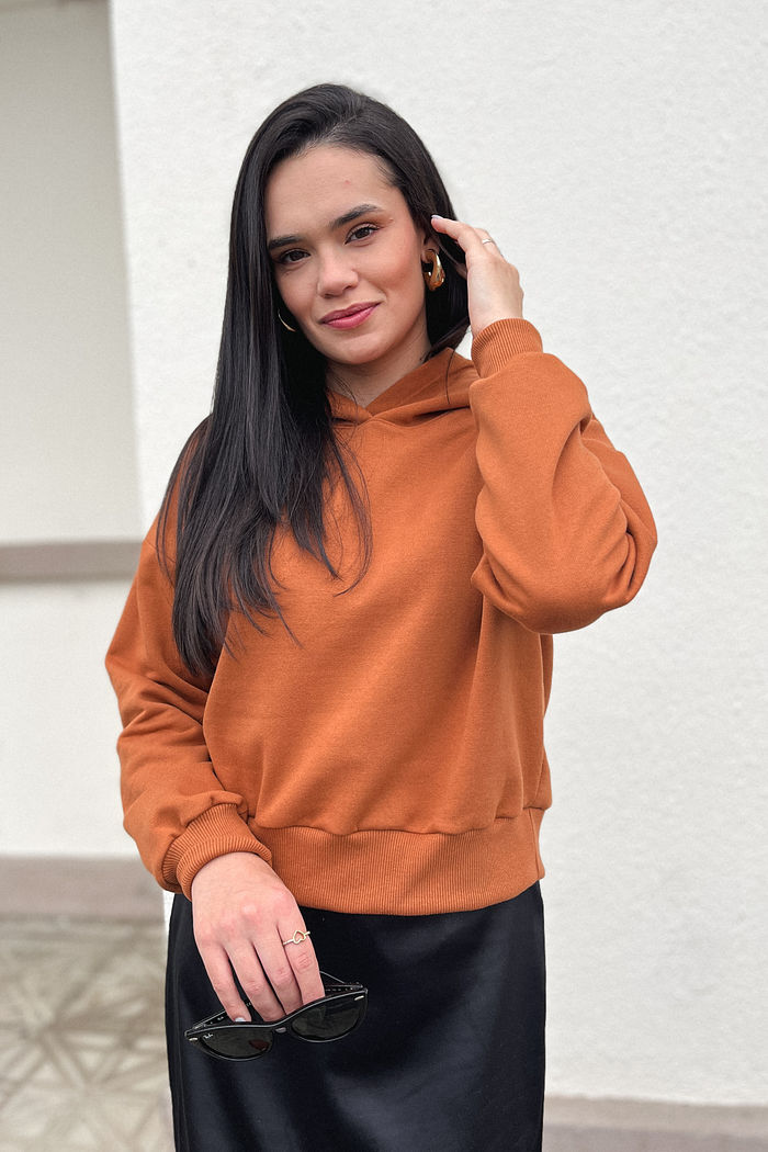 Blusa de Moletom Peluciada com capuz - Ferrugem