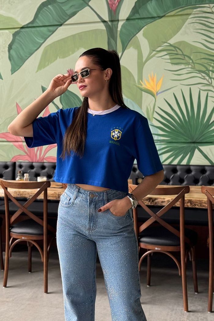 Cropped Oversized Copa Brasão - Azul