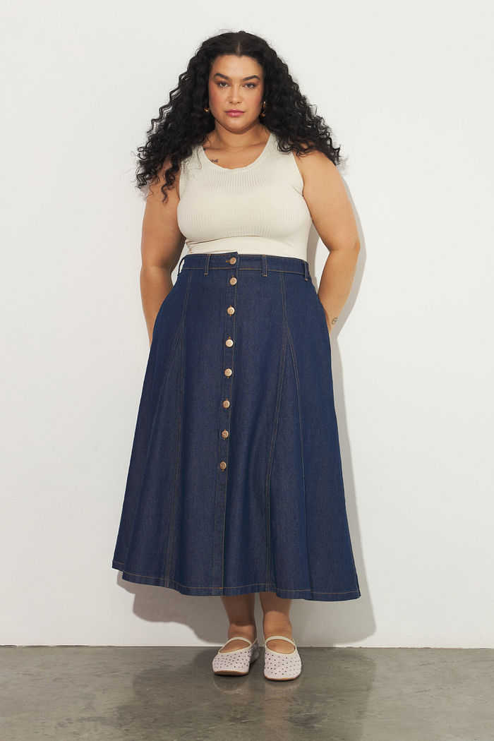 Saia Midi Evasê Julieta Jeans