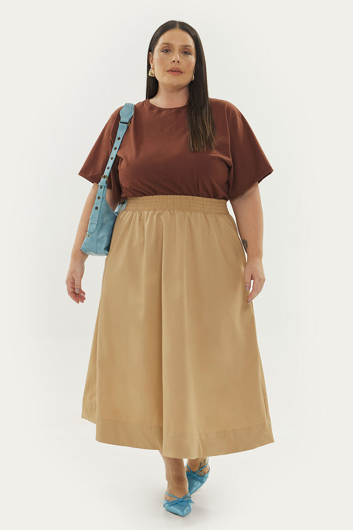 Saia Midi Algodão Carolina Camel