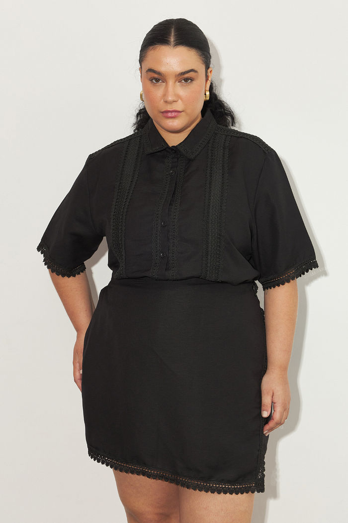 Saia Assimétrica Linho Hortência Preto