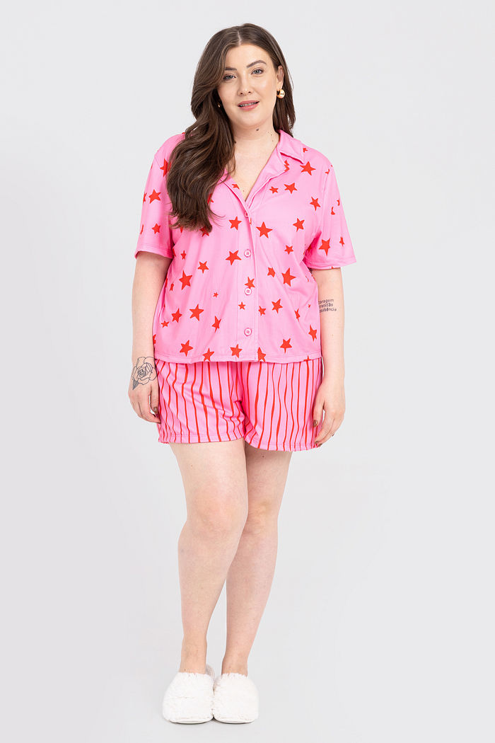 Conjunto Pijama Americano Estrelas Rosa