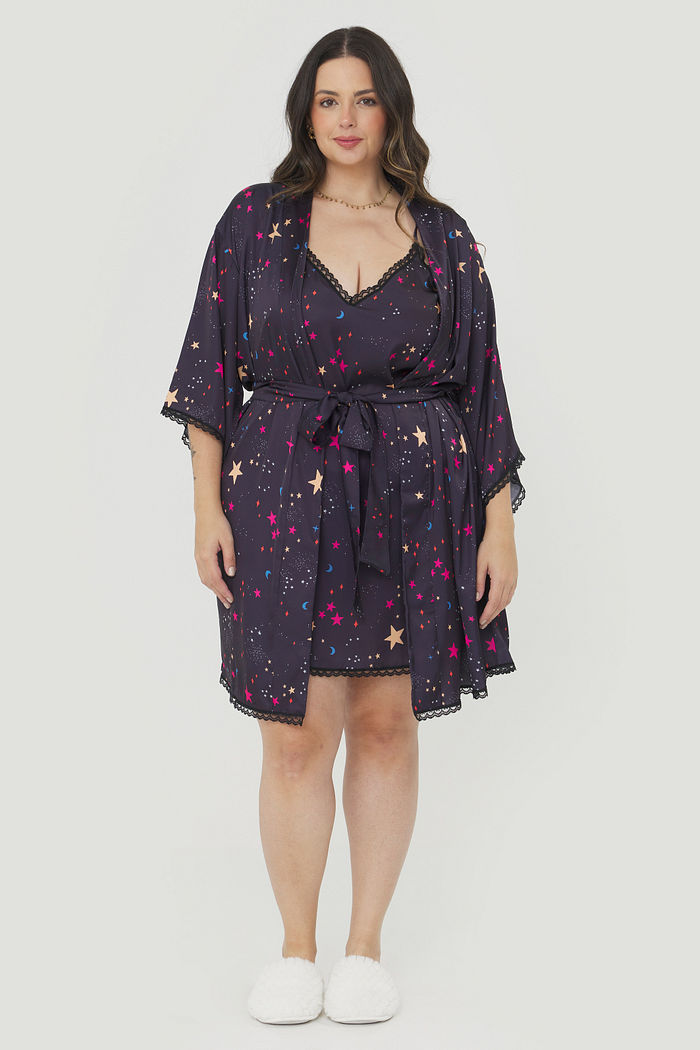 Robe Acetinado Escrito Nas Estrelas Preto