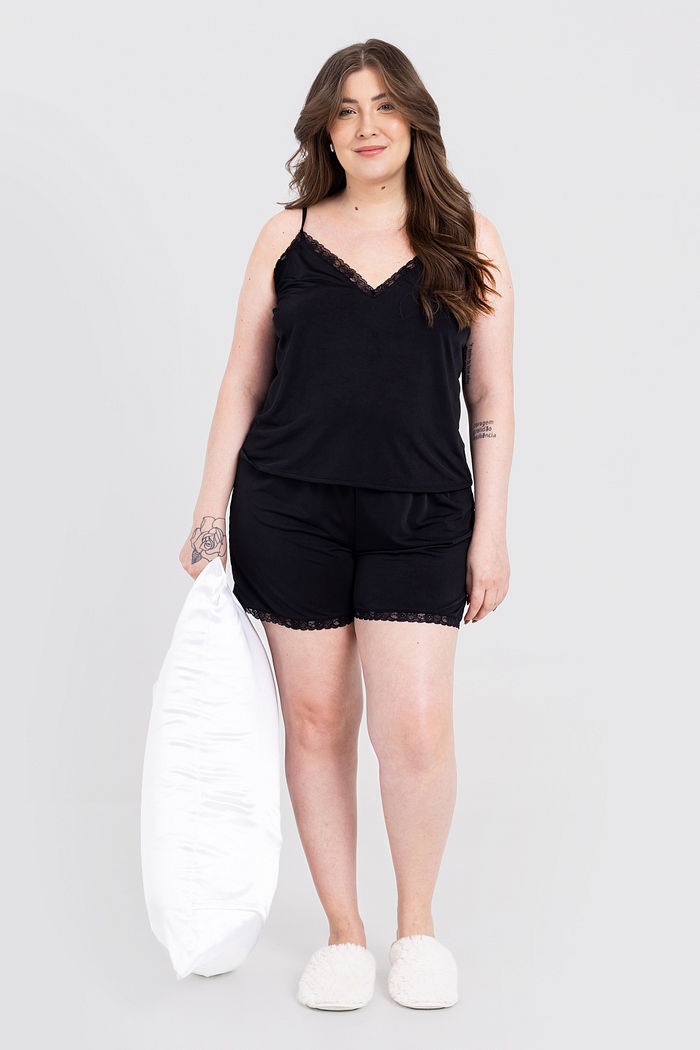 Conjunto Pijama Short Doll Com Renda Gabi Preto