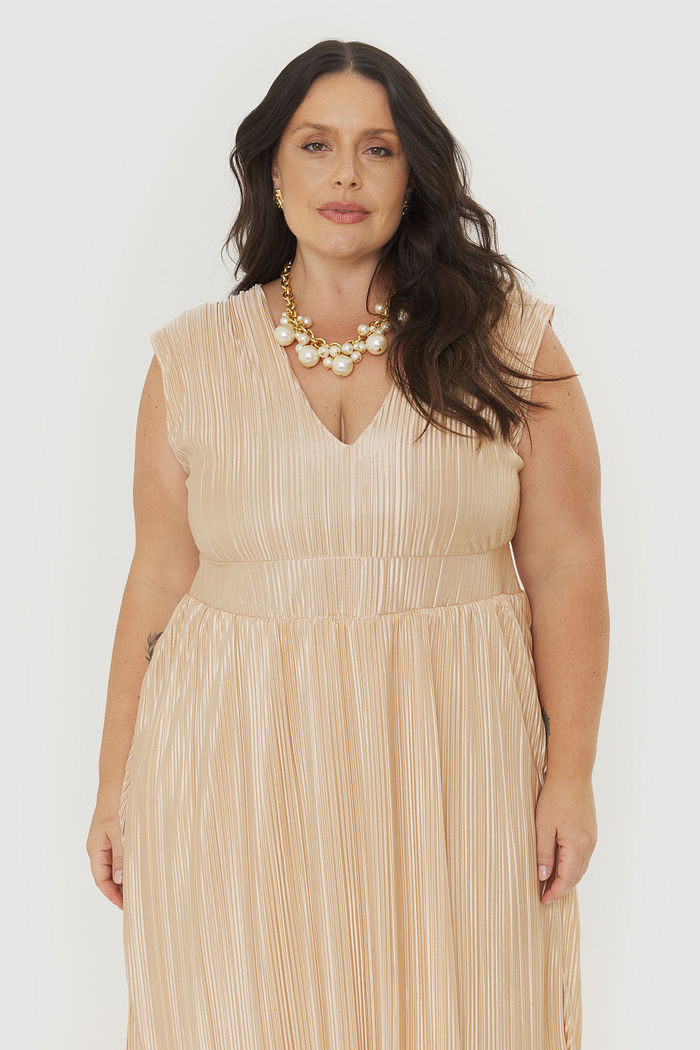 Vestido Plissado Midi Vênus Champagne