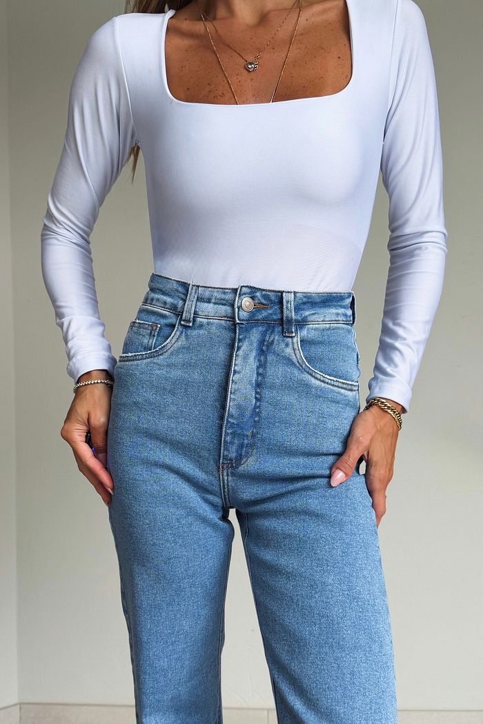 Body Manga Longa Decote Quadrado Suplex Premium cor Off/White