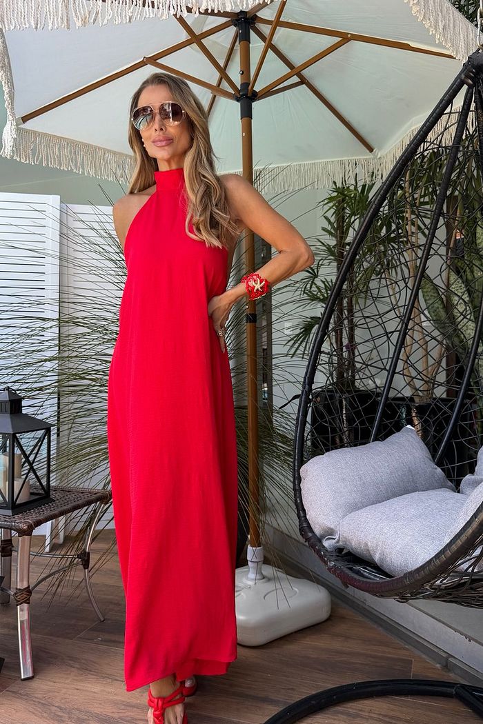 Vestido Longo Crepe Frente Única Vermelho