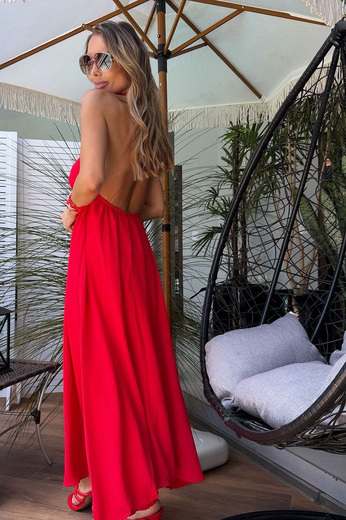 Vestido Longo Crepe Frente Única Vermelho